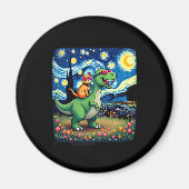 Cat Riding Dinosaur T-Rex Starry Night Cat Lover ( Magneet (Voorkant)