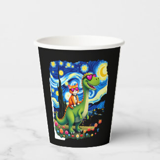 Cat Riding Dinosaur T-Rex Starry Night Cat Lover ( Papieren Bekers