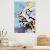 Cat Riding Unicorn met Pistool Poster (Keuken)