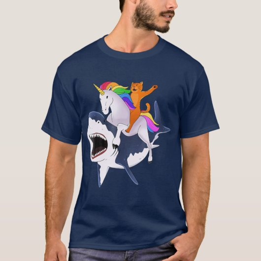 Cat Riding Unicorn Riding Shark Gift T-shirt (Voorkant)
