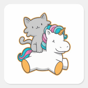 CAT RIDING UNICORN VIERKANTE STICKER