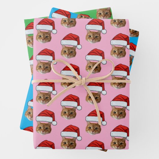 Cat Santa Hat | Aangepaste Gezichtsfoto Roze Kerst Inpakpapier Vel (In situ)