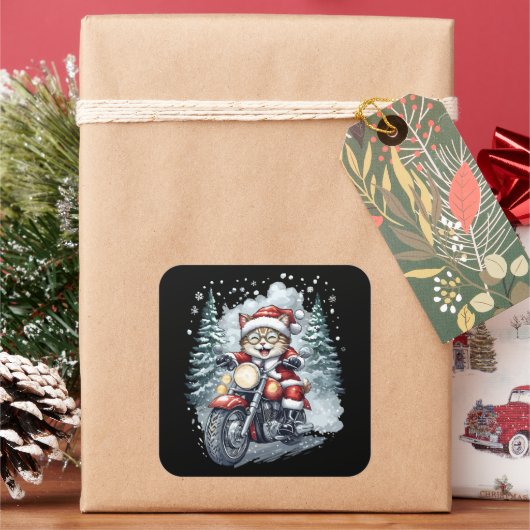 Cat Santa Motorcycle Black Background Vierkante Sticker (Feestdagen)