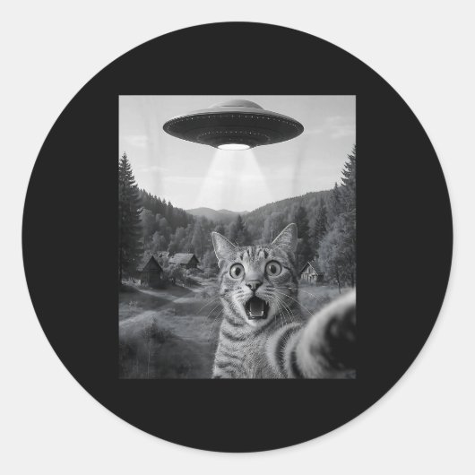 Cat Selfie With Alien Ufo Funny Cat Funny Ed Cat  Ronde Sticker (Voorkant)