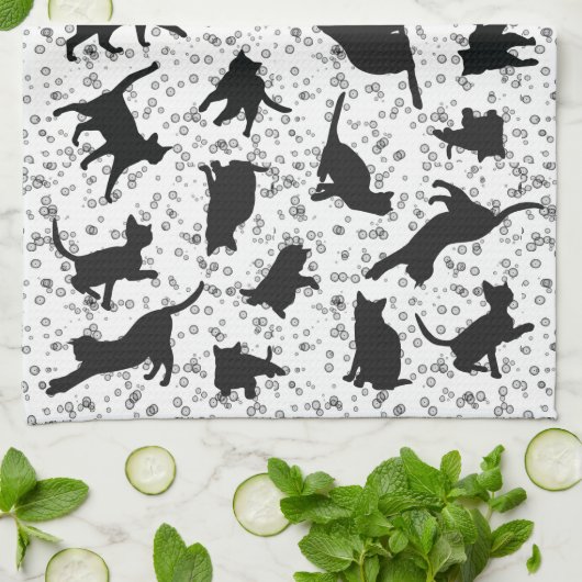 Cat Silhouette Black & White doedle bubble Theedoek (Gevouwen)