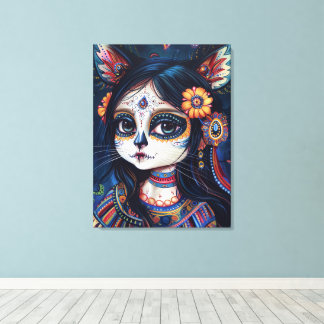 Cat skull face, sugar skull, mexican aesthetic canvas afdruk