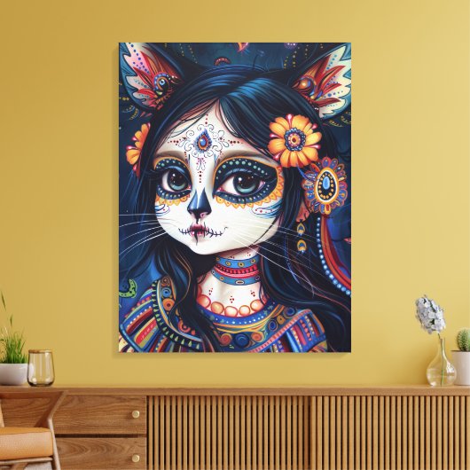 Cat skull face, sugar skull, mexican aesthetic canvas afdruk (Insitu (Woonkamer))