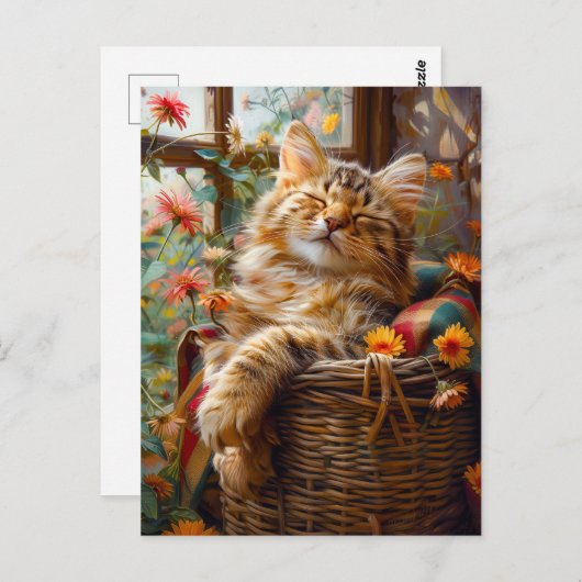 Cat Sleeping on Window Sill Among Flower Briefkaart (Voorkant / Achterkant)