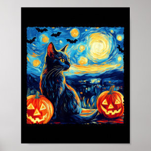 Cat Sterrennacht Van Gogh Cat Lover Bats Pumpkins Poster