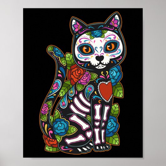 Cat Sugar Skull Mexico Calavera Dia de Los Muertos Poster (Voorkant)