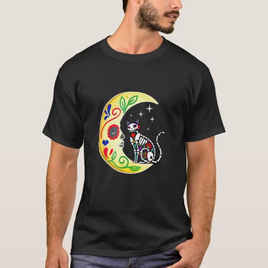 Cat Sugar Skull Mexico Calavera Moon Halloween T-shirt (Voorkant)