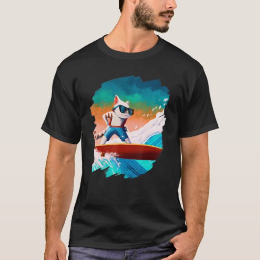 Cat Surfing Surfer Riding Wave Ocean Artistic Cool T-shirt (Voorkant)