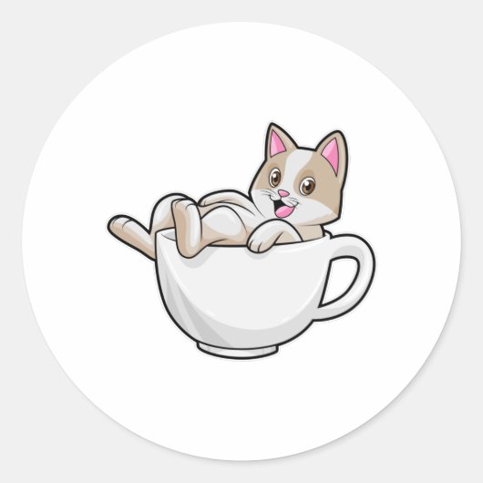 Cat Tea cup Ronde Sticker (Voorkant)