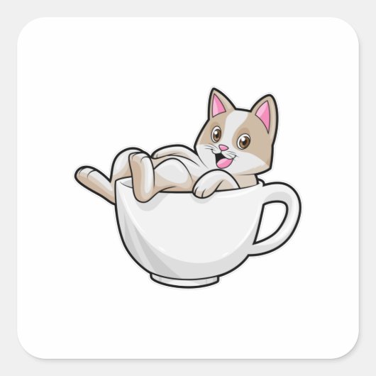Cat Tea cup Vierkante Sticker (Voorkant)