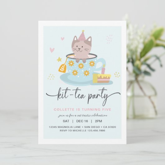 Cat Tea Party | Kit-Tea Party uitnodiging (Staand voorkant)