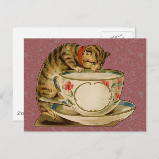 Cat Teacup Schattige Victoriaans Briefkaart (Voorkant / Achterkant)