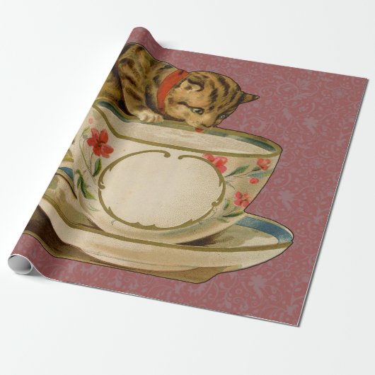 Cat Teacup Schattige  Victoriaans Cadeaupapier (Uitgerold)