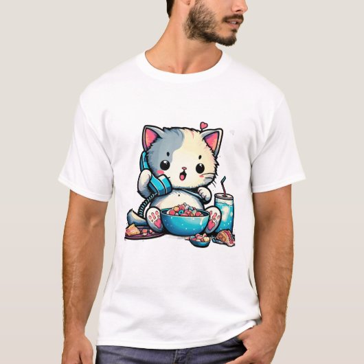 Cat telefoon eten kunst ontwerp t-shirt (Voorkant)