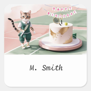 Cat tennisser aan het hof met verjaardagstaart vierkante sticker