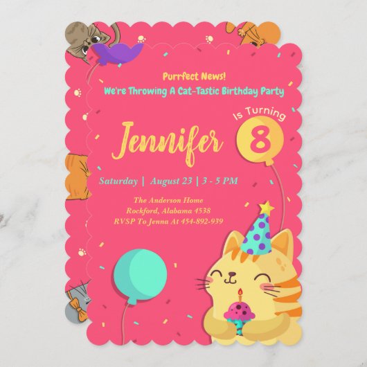 Cat Thème Anniversaire Invitation | Fille Chat mod (Devant / Derrière)
