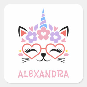 Cat Unicorn Name Sjabloon Pink Paars Blue Cute Vierkante Sticker