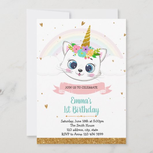 Cat unicorn verjaardagsuitnodiging kaart (Voorkant)