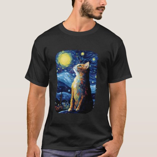 Cat Van Gogh Sterrennacht Stijl Kunst Schattigee K T-shirt (Voorkant)