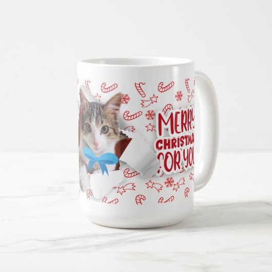 Cat with bow wishing Merry Christmas Mug Koffiemok (Voorkant rechts)