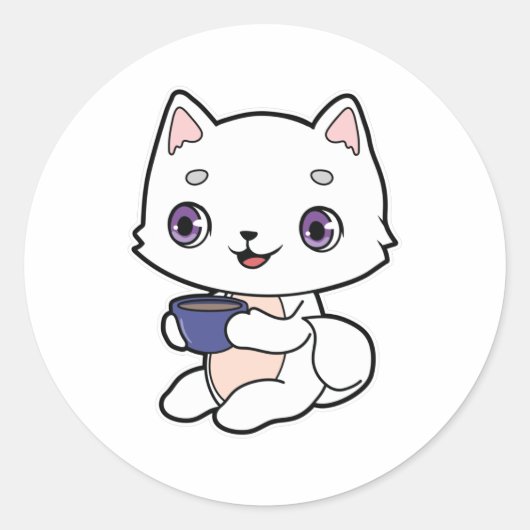 Cat with Cup of Coffee Ronde Sticker (Voorkant)