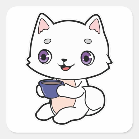 Cat with Cup of Coffee Vierkante Sticker (Voorkant)