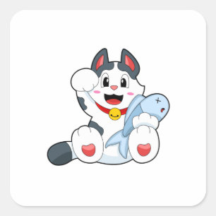 Cat with Fish Vierkante Sticker