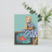 Cat With Goldfish on TV Retro Collage Briefkaart (Staand voorkant)