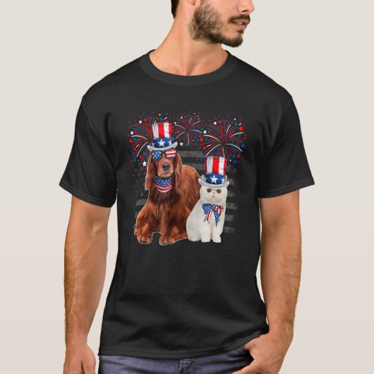 Cat With Irish Setter Sunglasses American Flag 4th T-shirt (Voorkant)
