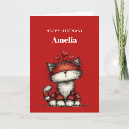 Cat with Red Love Hearts Cute and Funny Birthday Kaart (Voorkant)