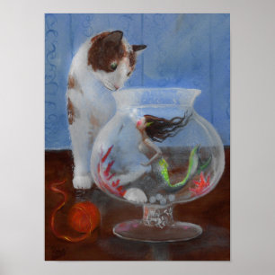 Cat ziet een zeemeermin in een viskom. poster