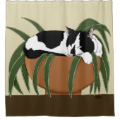 Cat Zwart Wit Plant Grappig Douchegordijn (Voorkant)