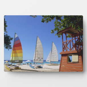 Catamaranen en reddingsboten op strand fotoplaat
