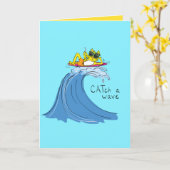 Catch a Wave Surfing Cat Carte de voeux amusante (Fleur jaune)