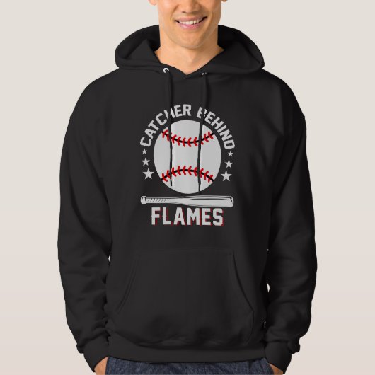 Catcher Achter Vlammen Wit Honkbal Spelen Hoodie (Voorkant)