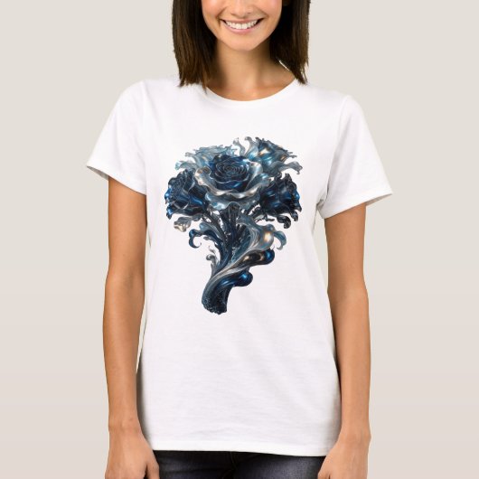 Catchy Silver BLUE ROSES Slogan T-shirt (Voorkant)