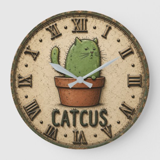 Catcus Funny Cactus Cat Grote Klok (Voorkant)