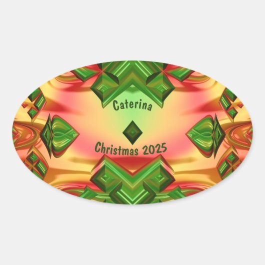 CATERINA ~ KERST 2024 Groen Rood Geel ~ Ovale Sticker (Voorkant)