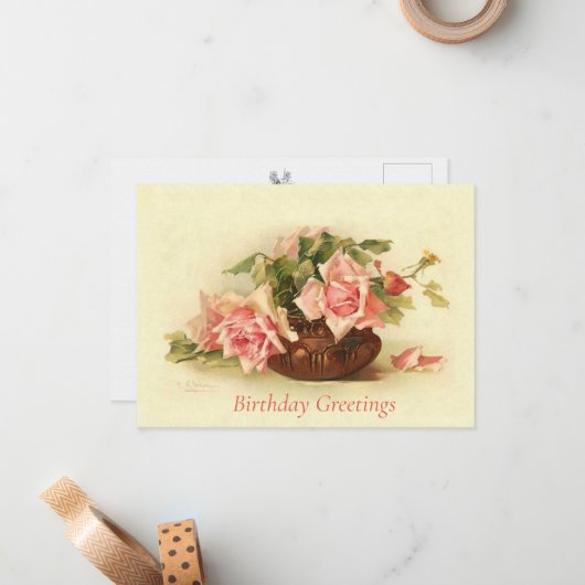 Catherine Klein Pink Roses Vaas Verjaardag Briefka Notitiekaartje (Voorkant / Achterkant in situ)