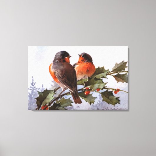 Catherine Klein: Robins op Holly Canvas Afdruk (Voorkant)