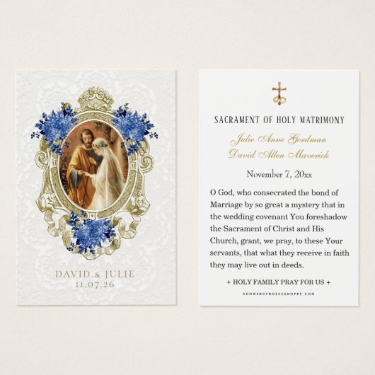 Catholic Blue Floral Gold Wedding Holy Card (Devant & derrière)