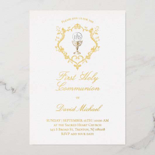 catholic first communion chalice crest folie uitnodiging (Voorkant)