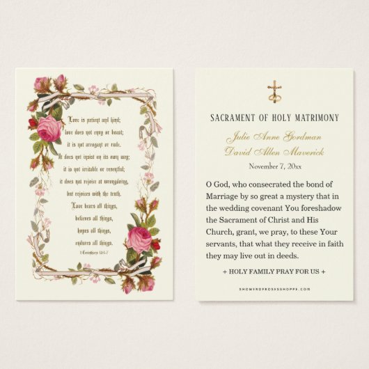 Catholic Prière de mariage aux roses des Écritures (Devant & derrière)