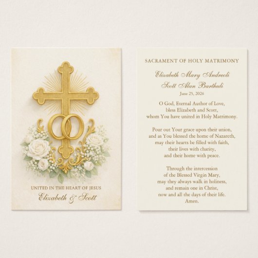 Catholic Wedding Prayer Card  Gold Cross (Devant & derrière)