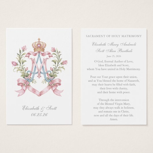 Catholic Wedding Prayer Marian Auspice (Devant & derrière)