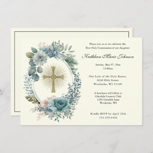 Catholique Croix première communion Invitations (Devant / Derrière)